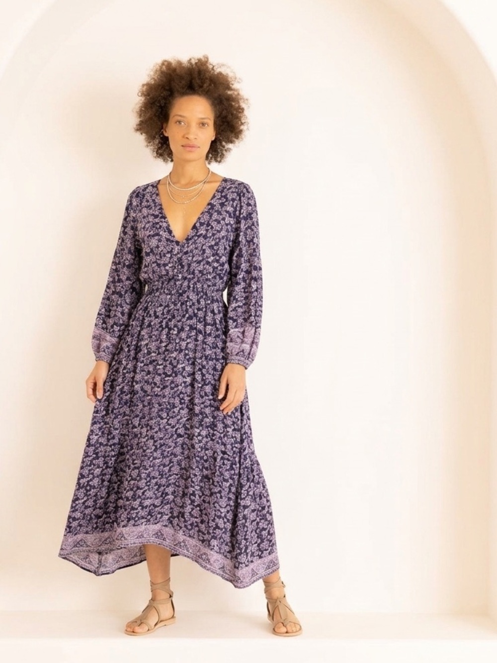 Natalie Martin 100% Silk Floral Maxi Dress Womens Purple Long Sleeves Boho